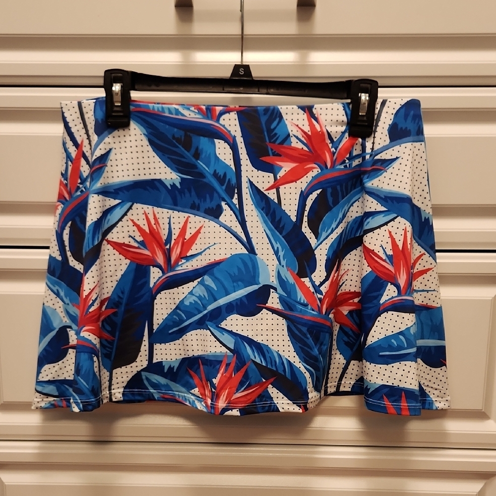 Tropical Print Skirt with Blue and Red Leaves